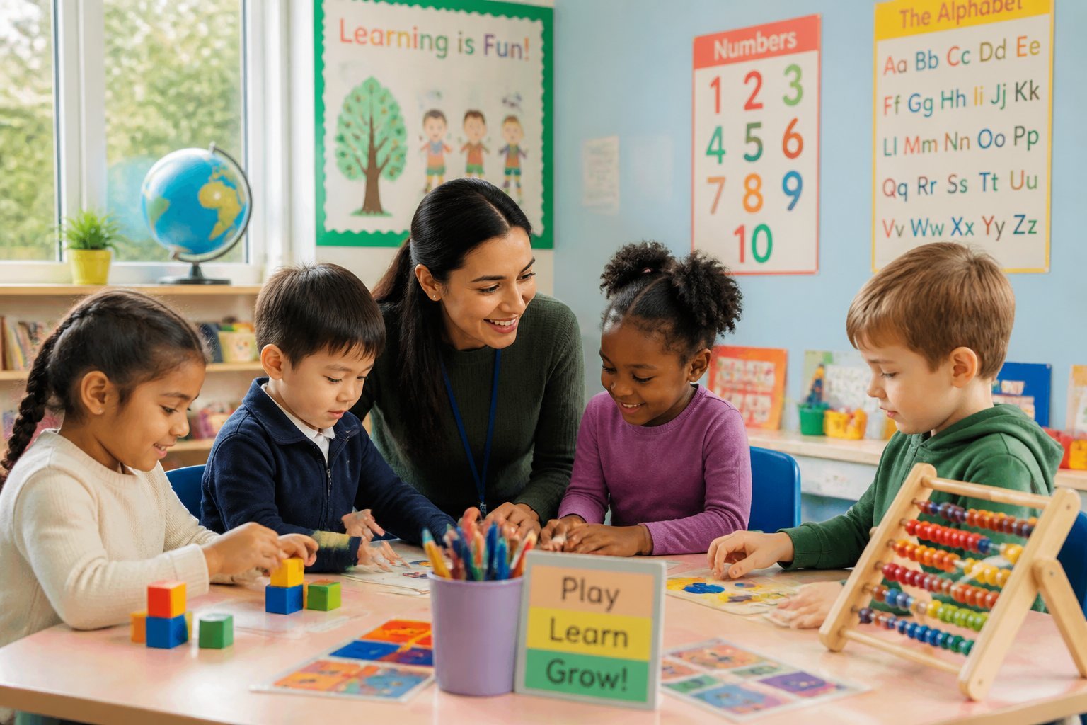 Young children engaged in learning activities with a teacher in a bright classroom.