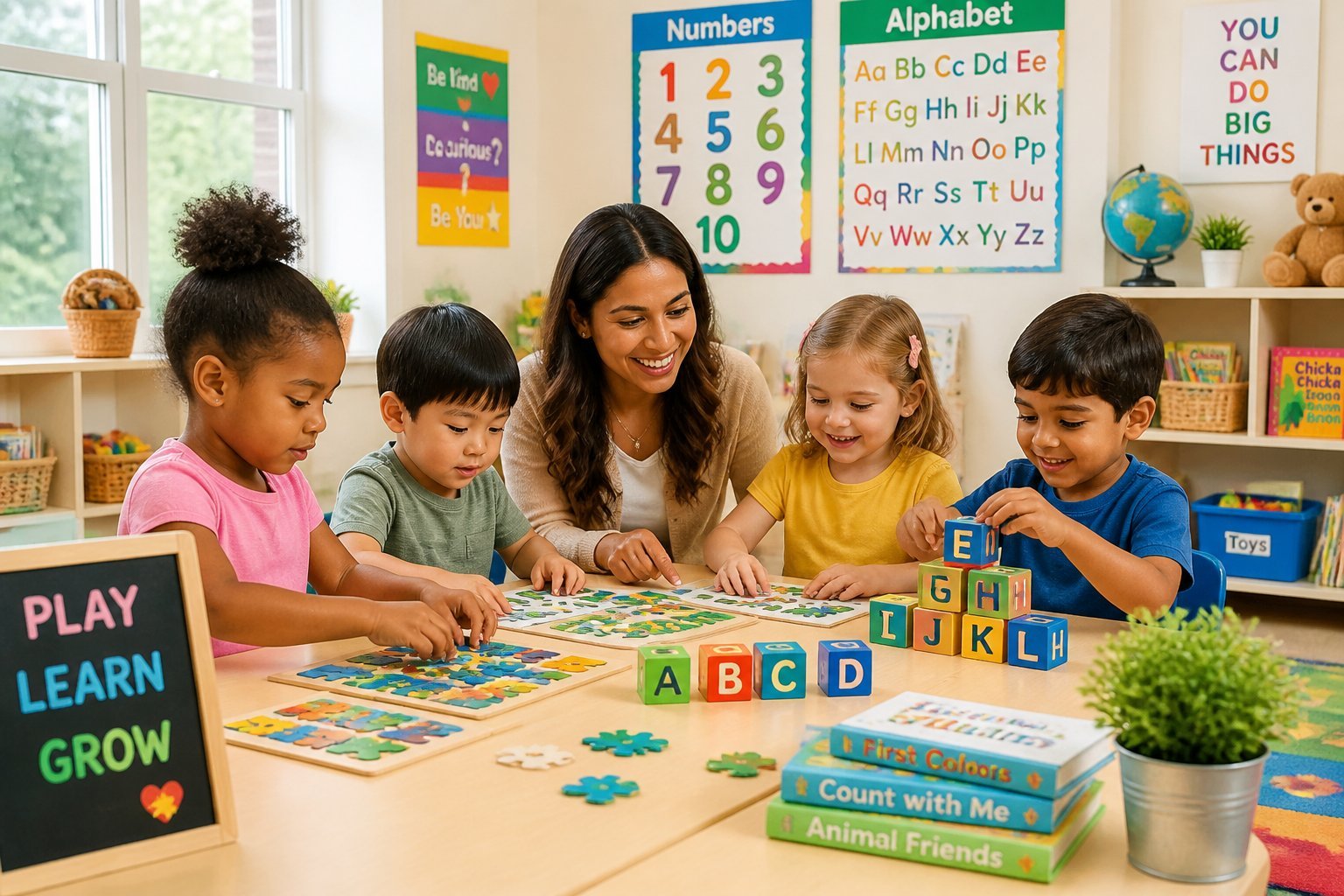 Young children and a teacher engaging in learning activities in a bright classroom preparing for school.