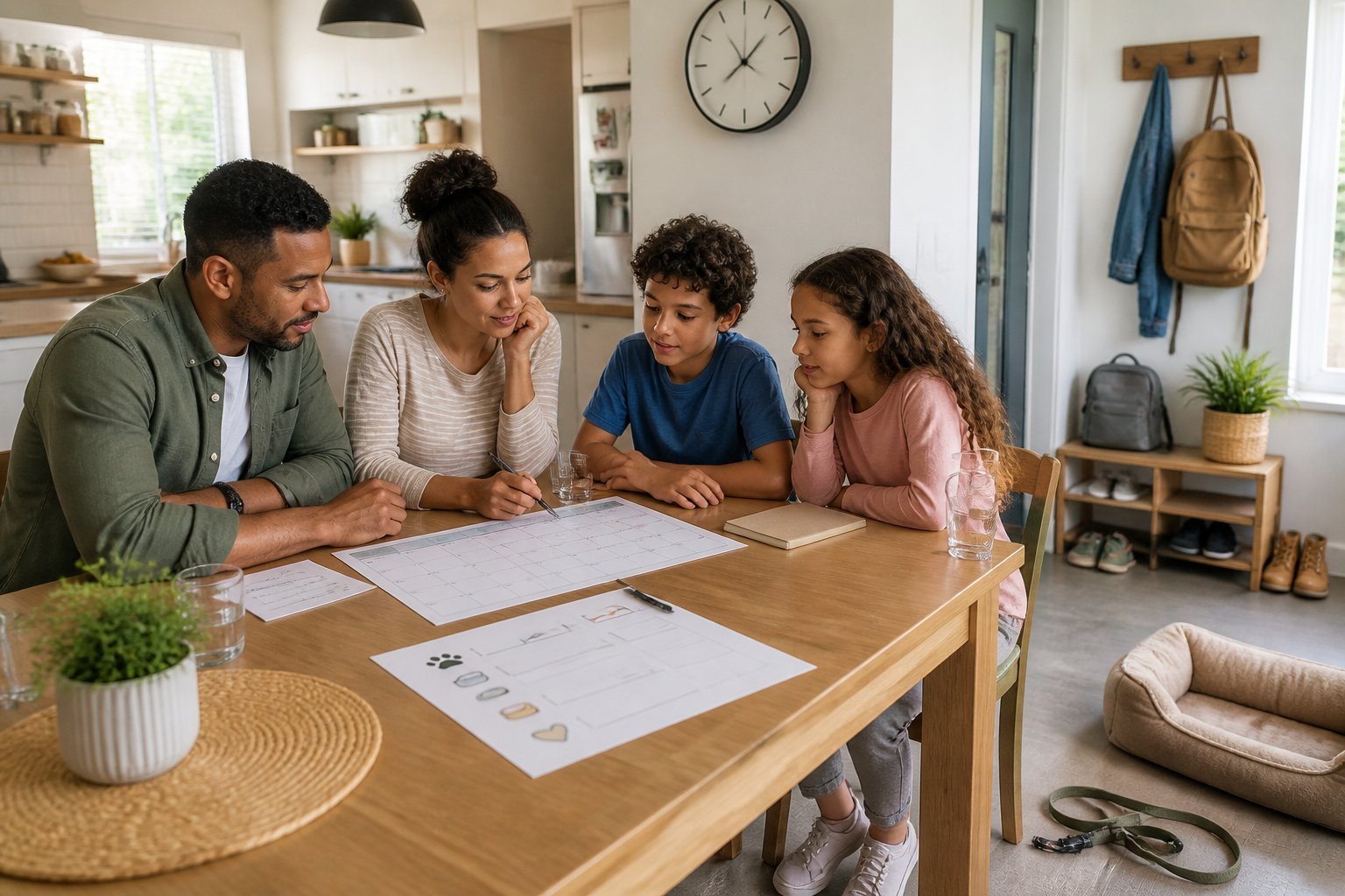 A family discusses whether a dog would fit their daily routine at a kitchen table.