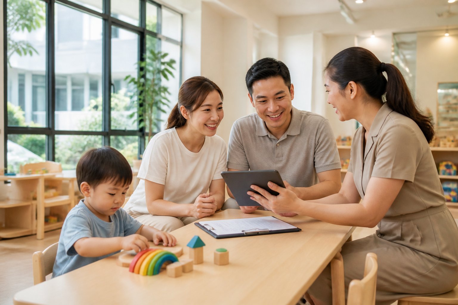 A parent and child speak with a preschool educator in a bright childcare classroom.