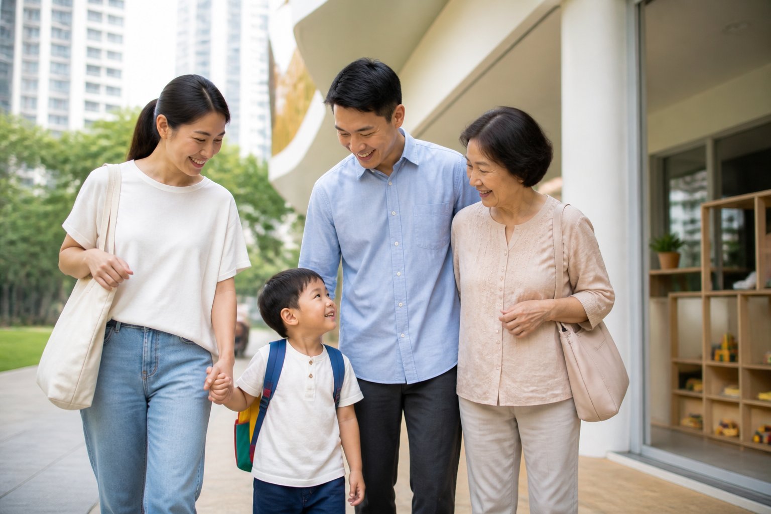 A Singaporean family with a preschool child and grandparent arriving at a modern preschool.