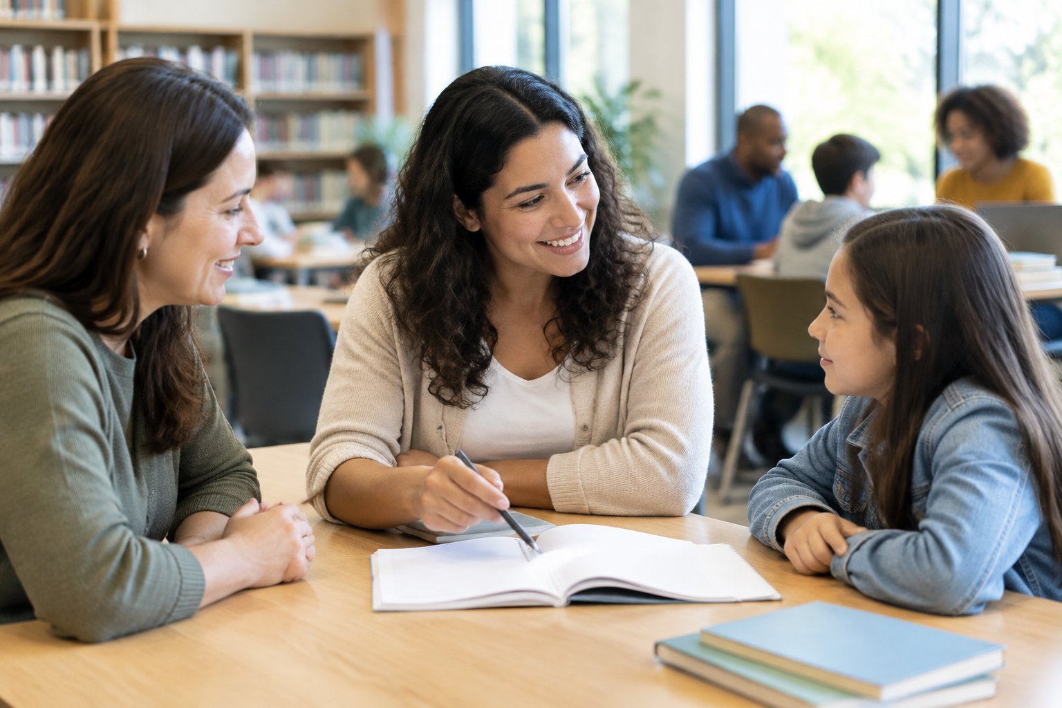 A tutor meets with a parent and student at a community library table.