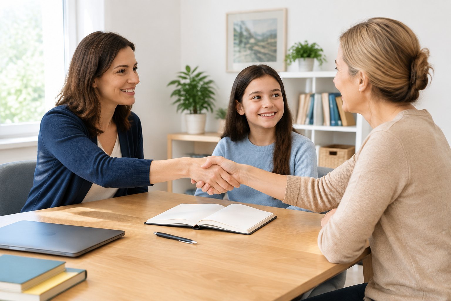 A tutor shakes hands with a parent while a student smiles beside them.