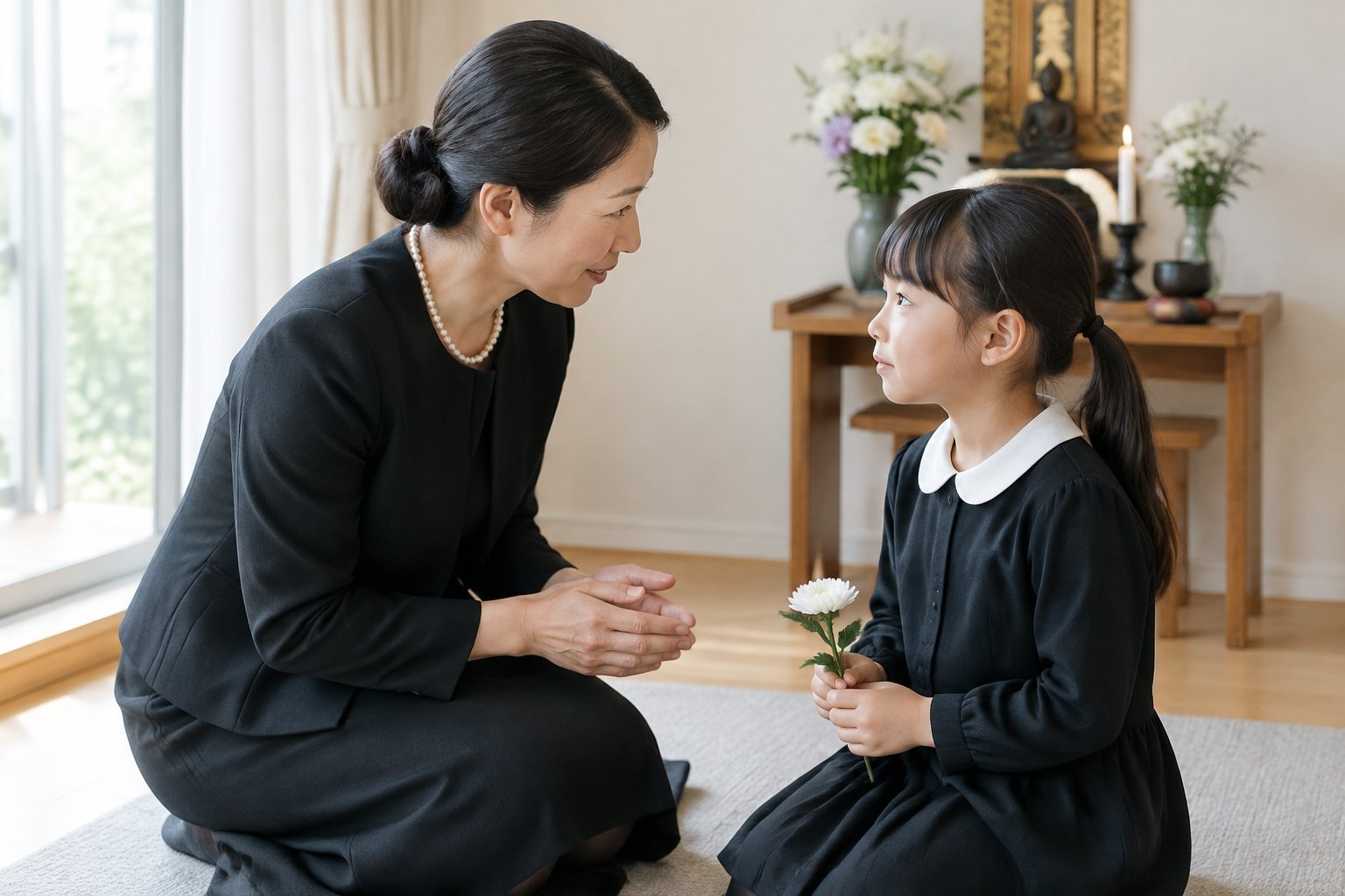 A parent kneels beside a young child and gently talks with them at home.