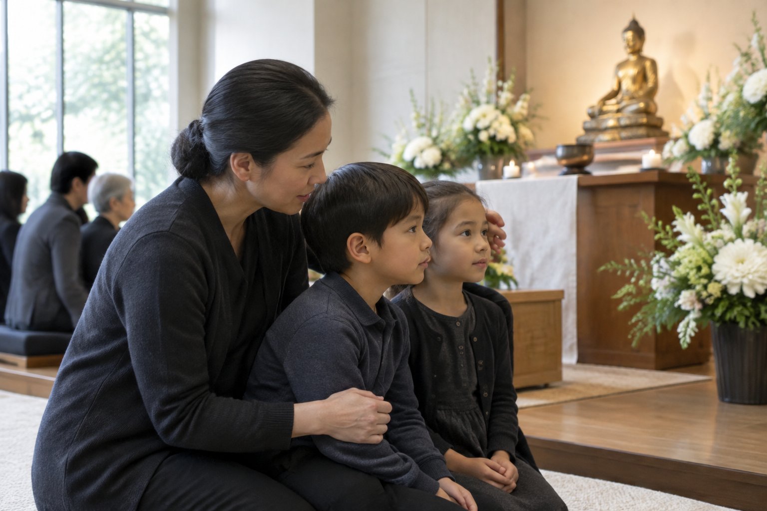A parent comforts two young children at a Buddhist funeral.